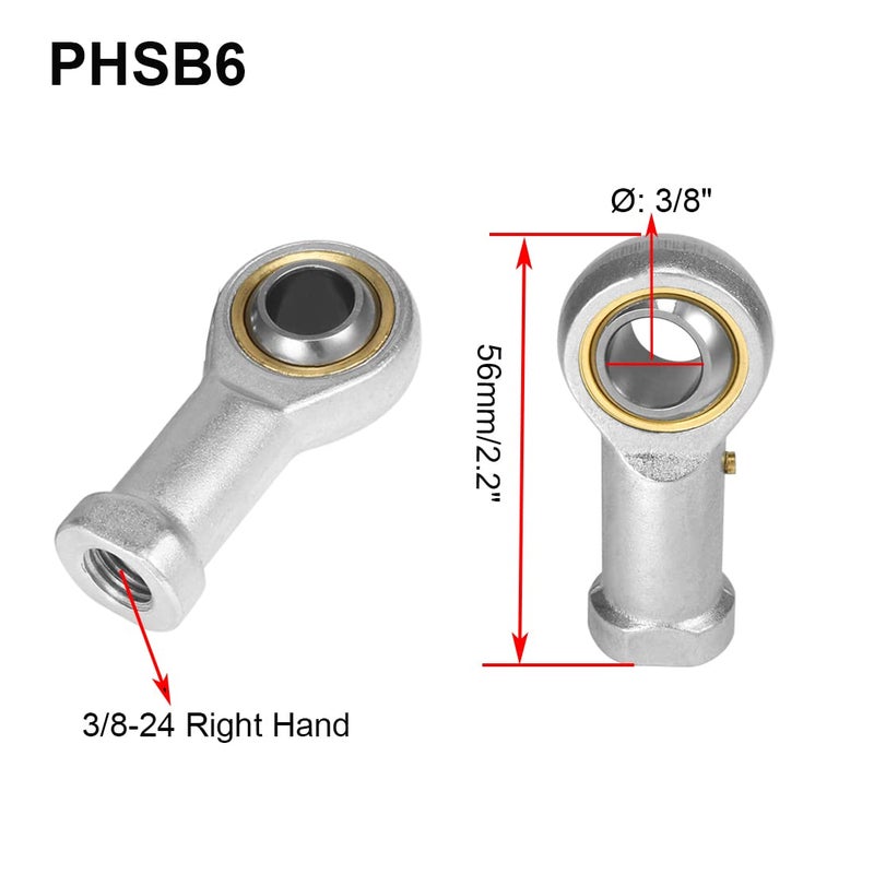 HiPicco PHSB6 Rod End Bearing 3/8 Inch Bore and 3/8-24 Right Hand Thread, Self-Lubricating Female Heim Joint Rod Ends,Includes Jam Nuts 2pcs - Image 2